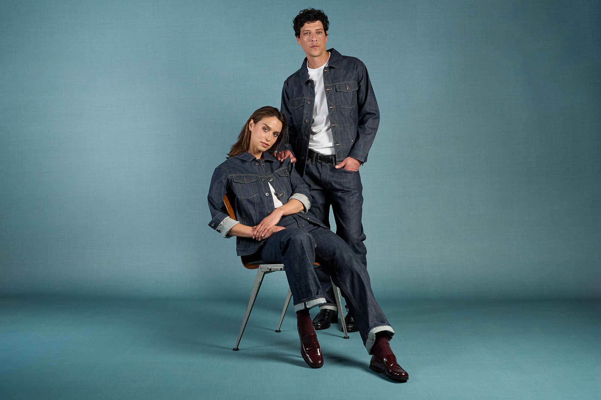 Man and women in dry denim suit